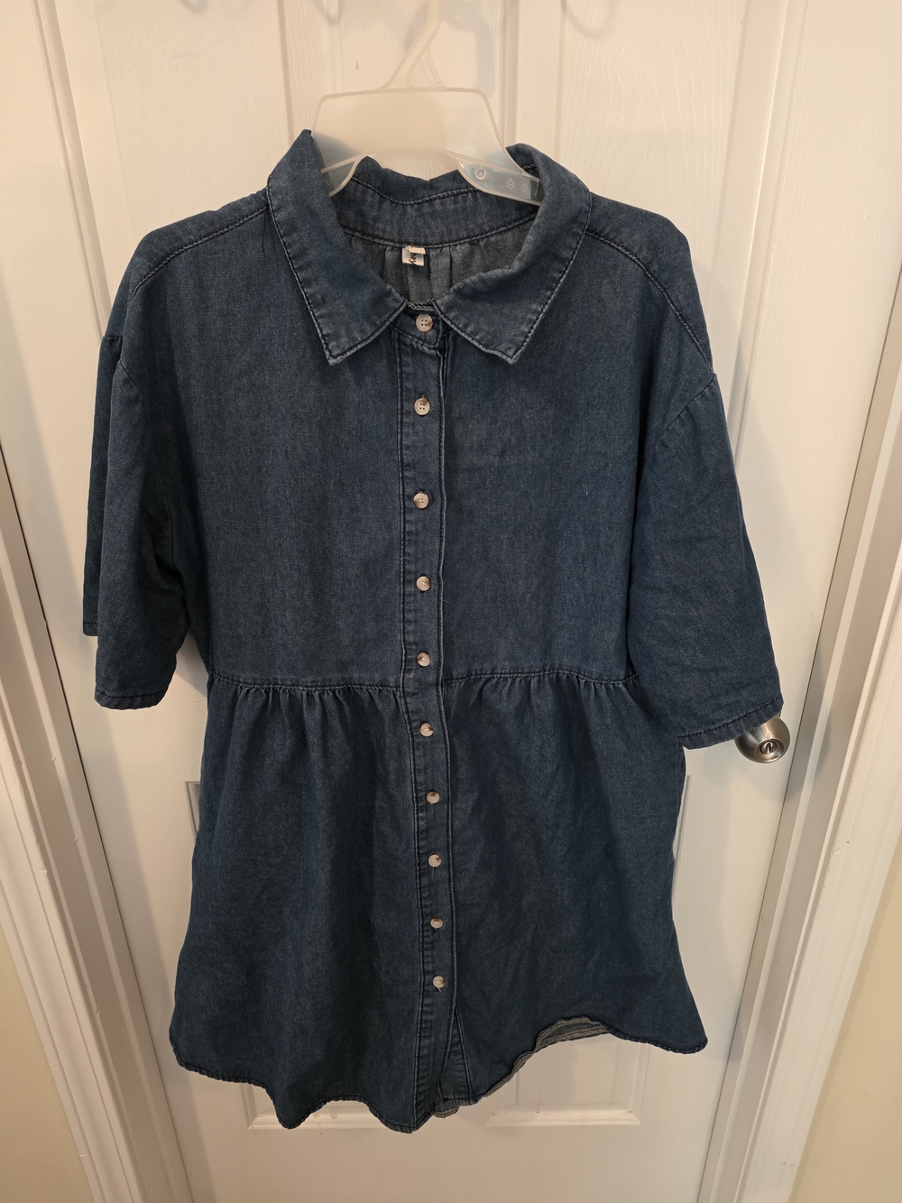 Dark Blue Denim Button-Up Peplum Dress